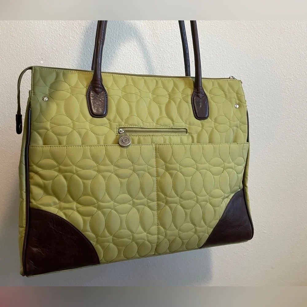 Chelsey Henry Quilted Laptop Tote Bag – Green with Brown Trim | Like new